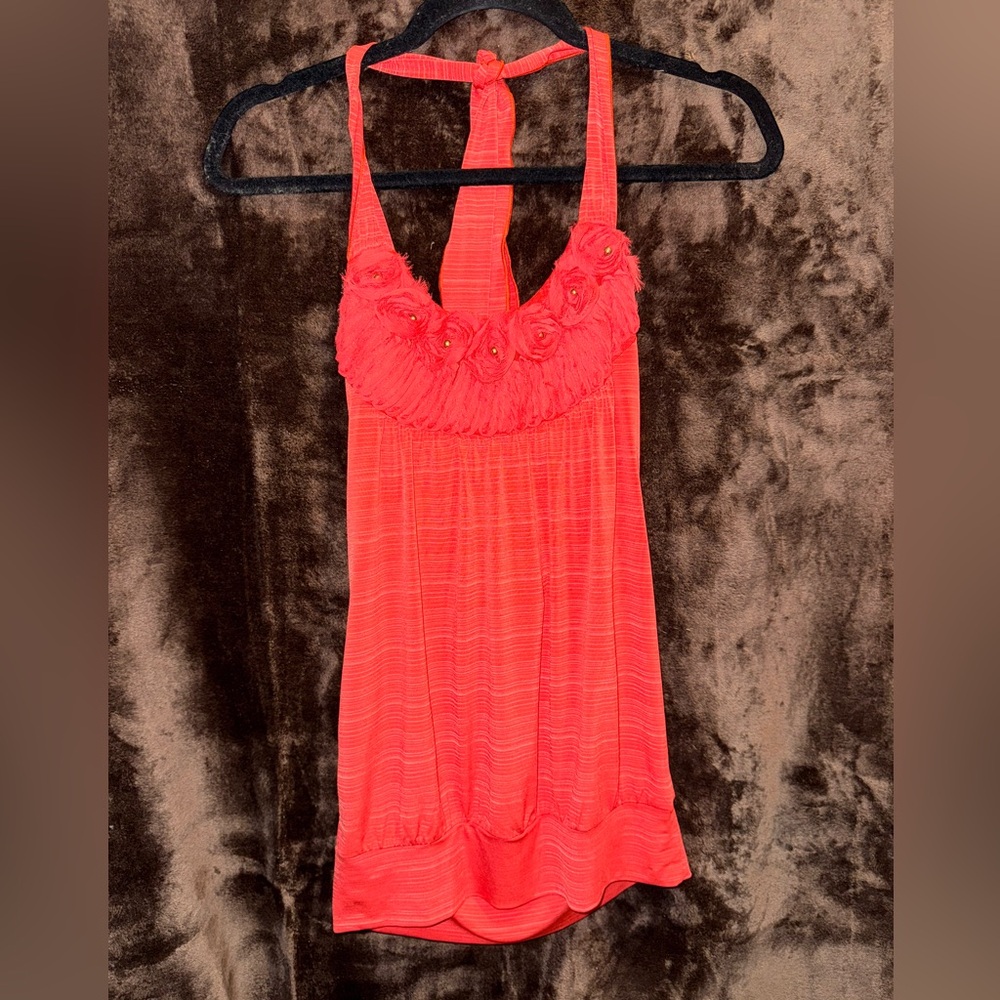 Unknown Brand Rouched Floral Orange Halter Top with Low Back | Orange | Size: S